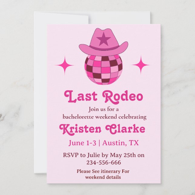 Convites Último Rodeio Rosa Disco Cowgirl Despedida de Solt (Frente)