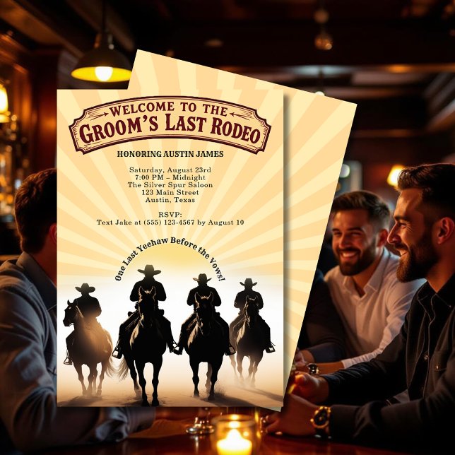 Convites Último Rodeo Bachelor do Partido Cowboys Hors Suns (Last Rodeo Bachelor Party Cowboys Horses Sunset Invitation)