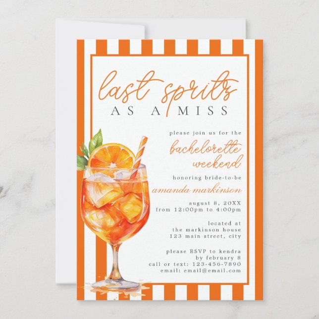 Convites Último Spritz como uma Solteira Miss Laranja Apero (Frente)