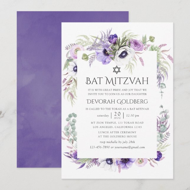 Convites Ultra Violet Watercolor Bat Mitzvah (Frente/Verso)