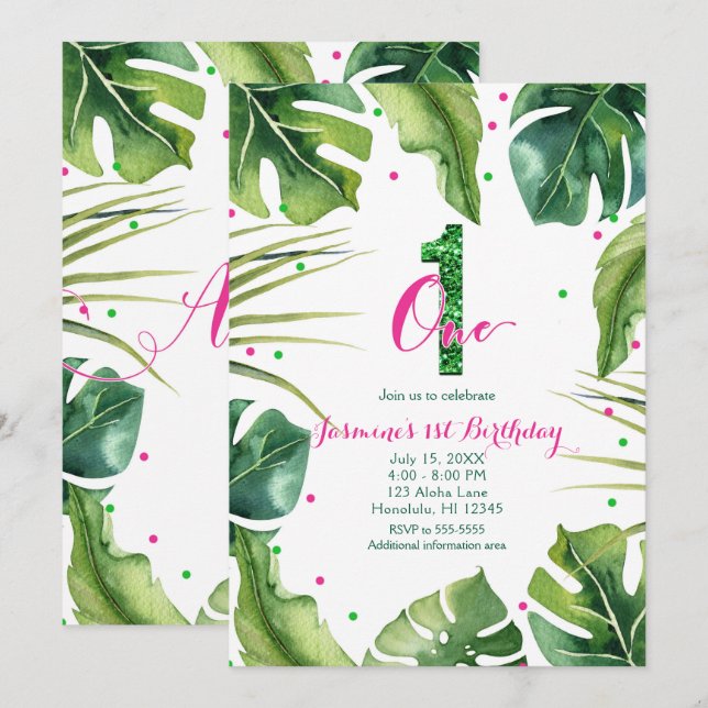Convites UM 1 1º Aniversário Folhas Tropicais Rosa Verde (Frente/Verso)
