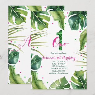 Convites UM 1 1º Aniversário Folhas Tropicais Rosa Verde