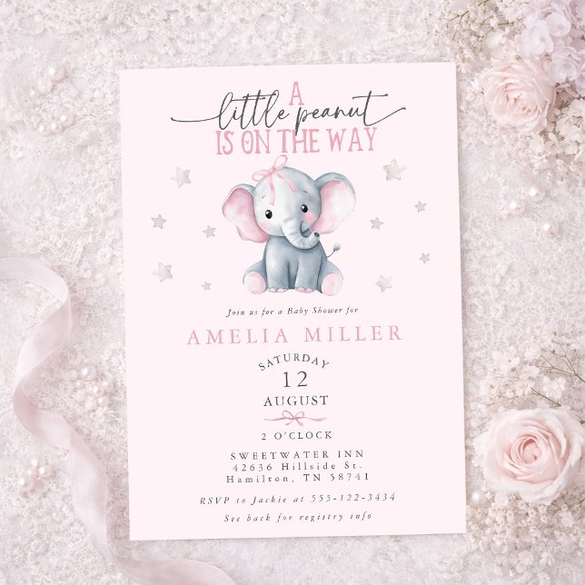 Convites Um Amendoim no Caminho Chá de Bebê Elefante Rosa (A Peanut on the Way Elephant Pink Baby Shower Invitation)