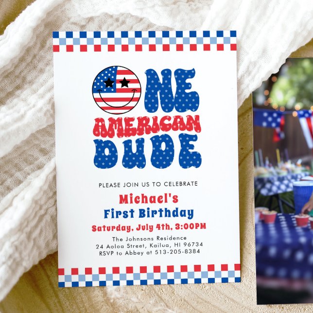 Convites Um Americano No Dia 4 De Julho Primeiro Aniversári (Watercolor One American Dude 4th Of July First Birthday Invitation)