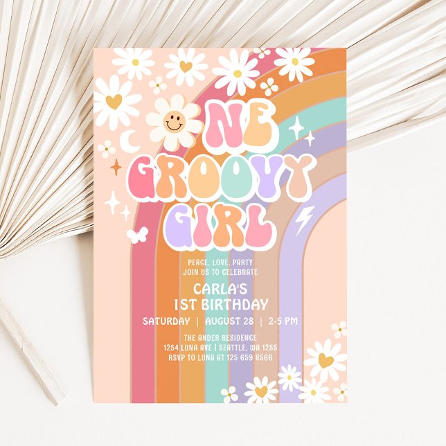 Convites Um Aniversário de 1 Ano Groovy Retro Arco-Íris Hip (Criador carregado)