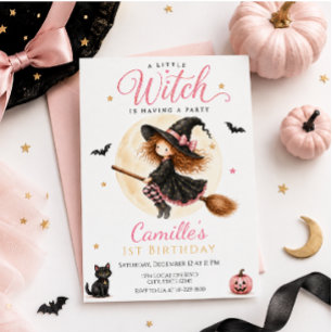 Convites Um Aniversário de Menina Bruxa Rosa no Halloween