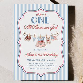 Convites Um Aniversário Patriótico de Menina Americana de 1