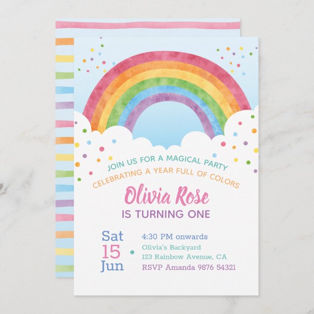 Convites Um ano de Cheio de cores | Arco-Íris Primeiro Aniv (Frente/Verso)