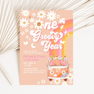 Convites UM Ano Groovy Gêmeos Rosa Pêssego 1º Aniversário