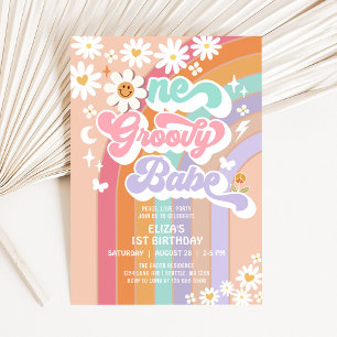 Convites Um Babe Groovy 1º Aniversário Daisy Rainbow