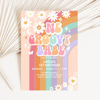 Convites Um Babe Groovy Daisy Rainbow Retro 1º Aniversário