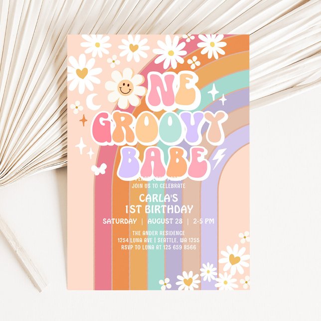 Convites Um Babe Groovy Daisy Rainbow Retro 1º Aniversário (Criador carregado)