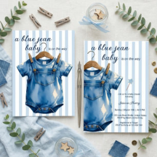 Convites Um Bebê de Blue Jean Chá de Bebê de Denim Listras
