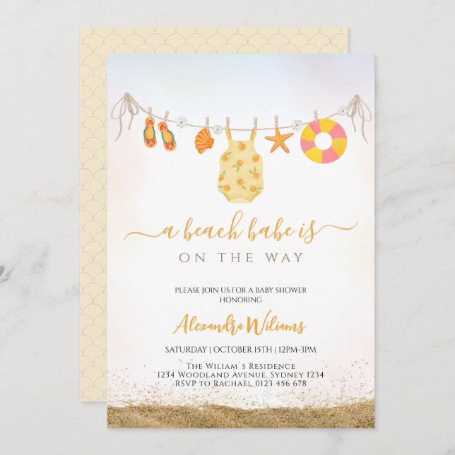 Convites Um bebê de praia está a caminho do Chá de fraldas (Frente/Verso)