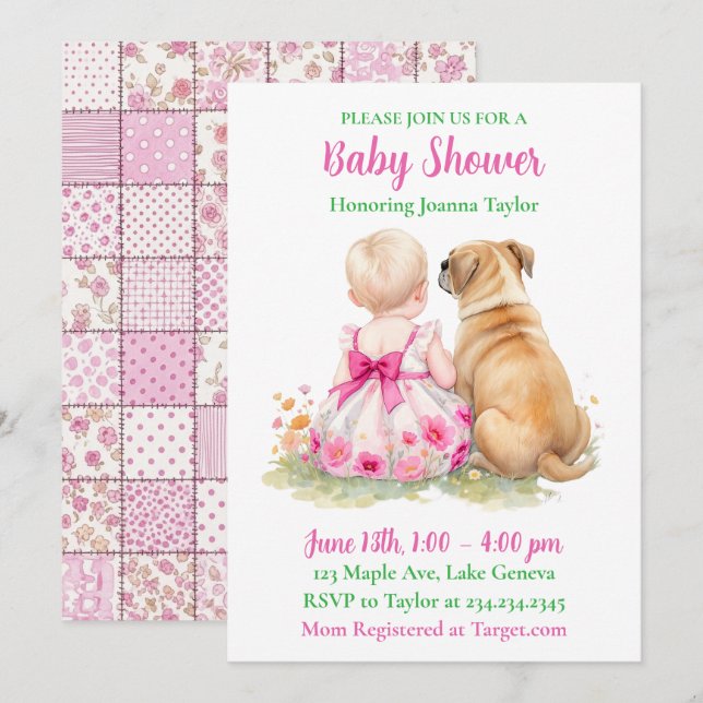 Convites Um Bebê e Seu Cachorro | Chá de Bebê Rosa de Menin (Frente/Verso)