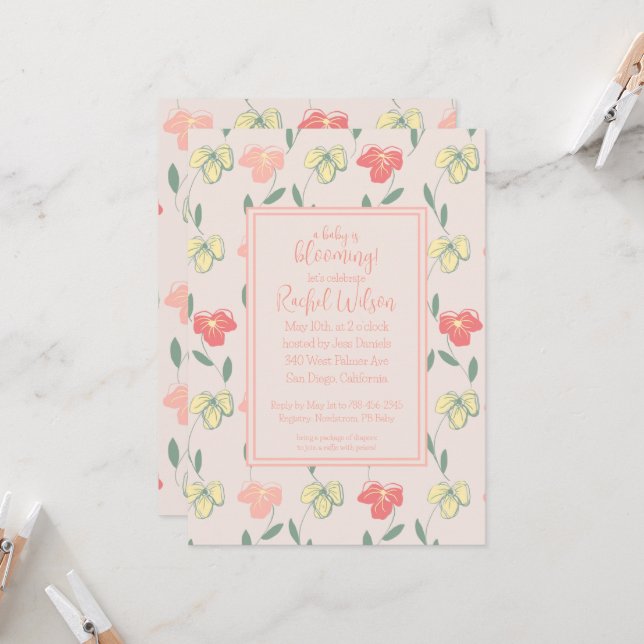 Convites Um bebê é um Chá de fraldas de Pansias Rosa (Frente/Verso In Situ)