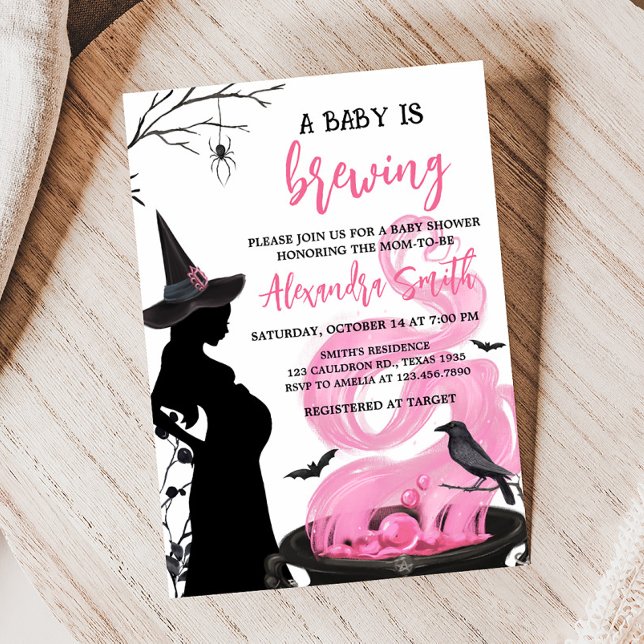 Convites Um bebê está a criar Chá de fraldas de bruxa rosa (Pink Witch Baby Shower Invitation)