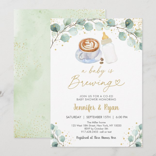 Convites Um Bebê Está A Criar Chá de fraldas De Café Verde (Frente/Verso)