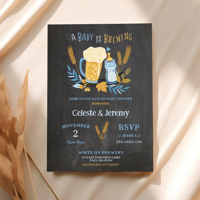 Convites Um bebê está a criar, Chá de fraldas de código par (a baby is brewing baby shower invitation shown on cloth tabletop with fall foliage )