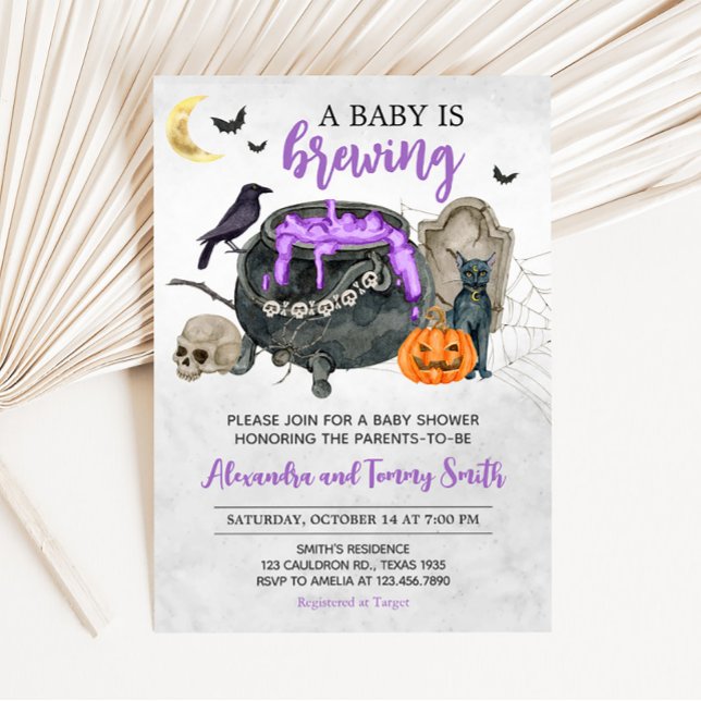 Convites Um bebê está a criar Chá de fraldas de Halloween (Violet Baby is Brewing Halloween Baby Shower invitation)