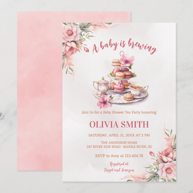Convites Um bebê está a criar Chá de fraldas floral do Tea  (Frente/Verso)