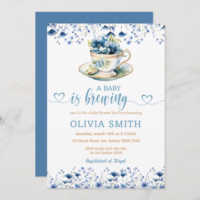 Convites Um bebê está a criar Chá de fraldas floral do Tea  (Frente/Verso)