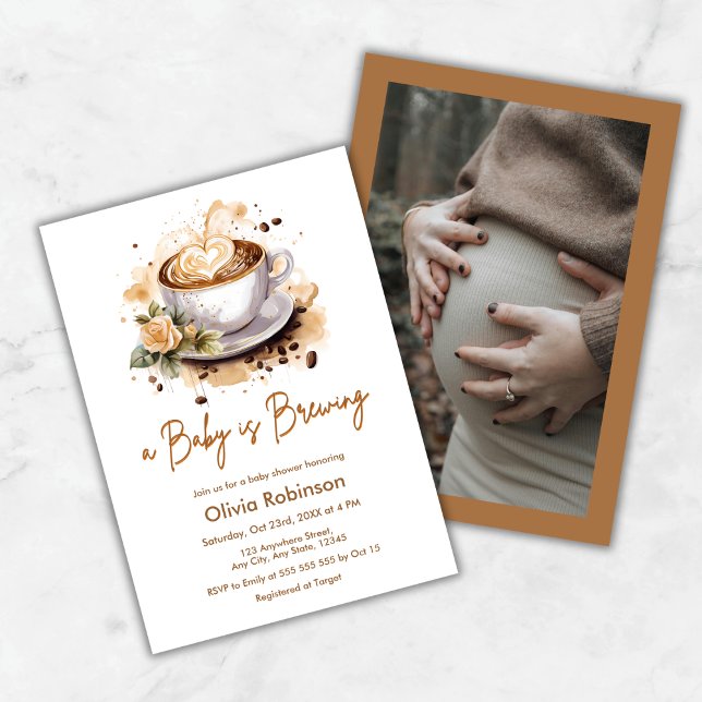 Convites Um bebê está criando Chá de fraldas de café marrom (A Baby is Brewing Photo Brown Coffee Baby Shower Invitation )