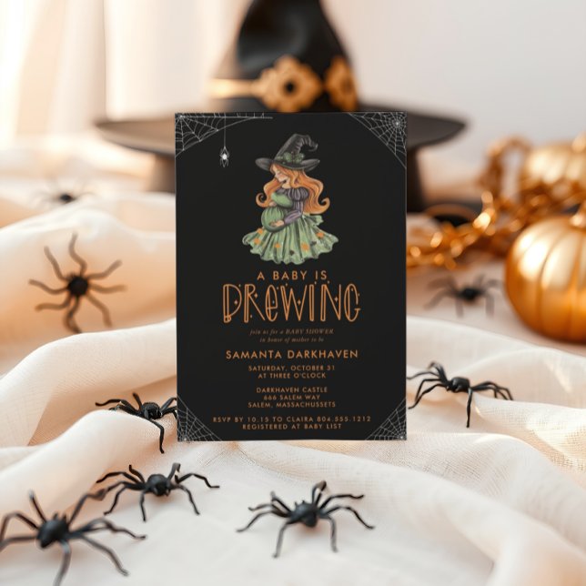 Convites Um bebê está criando Chá de fraldas de Dia das Bru (BABY IS BREWING CUTE WITCH HALLOWEEN BABY SHOWER INVITATION )