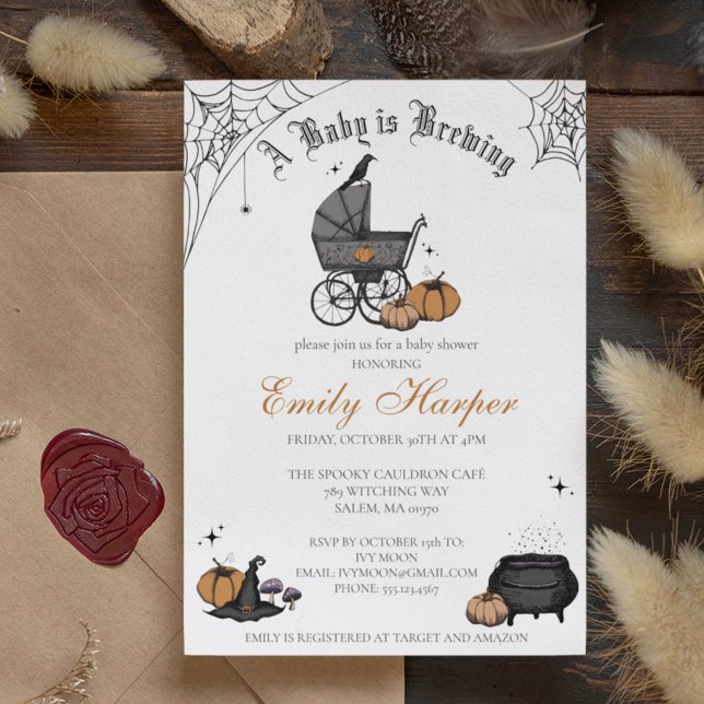Convites Um bebê está criando um Chá de fraldas neutro para (Gothic Halloween Baby Shower Invitation. Hand Drawn Vintage Baby Carriage, Raven, Witch Hat, Pumpkin)