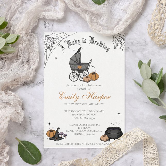 Convites Um bebê está criando um Chá de fraldas neutro para (Elegant and Spooky Hand-Drawn Victorian Baby Carriage Custom Baby Shower Invite in a Crispy White)