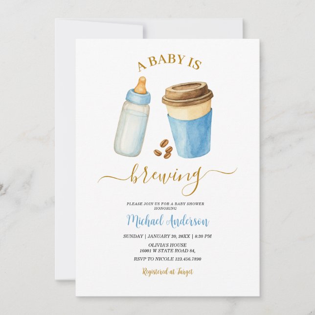 Convites Um Bebê Está Preparando Café Menino Azul Chá de Be (Frente)