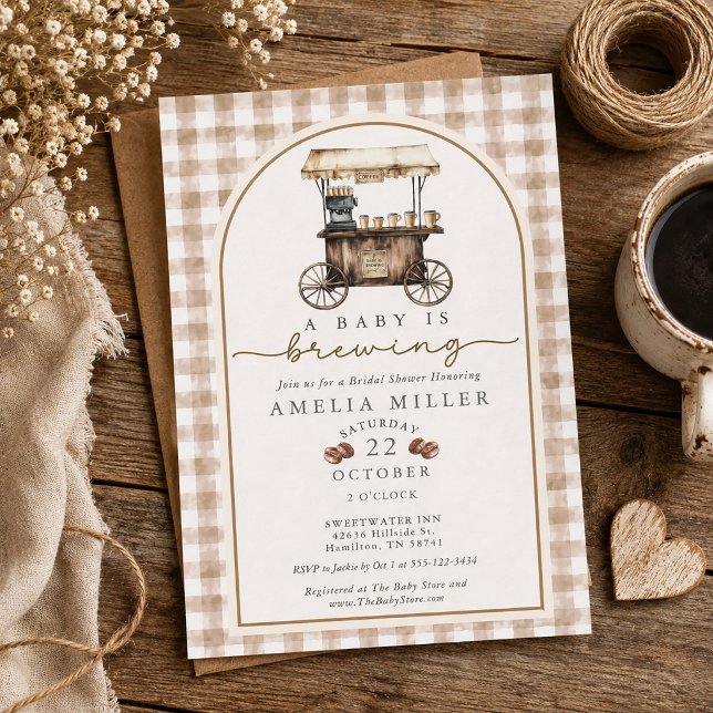 Convites Um Bebê Está Sendo Preparado Chaminé de Gingham Vi (A Baby is Brewing Gingham Vintage Cart Baby Shower Invitation)