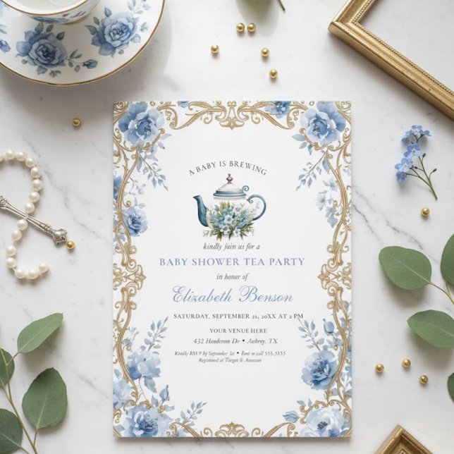 Convites Um Bebê Está Sendo Preparado Chuveiro Floral Azul (Criador carregado)