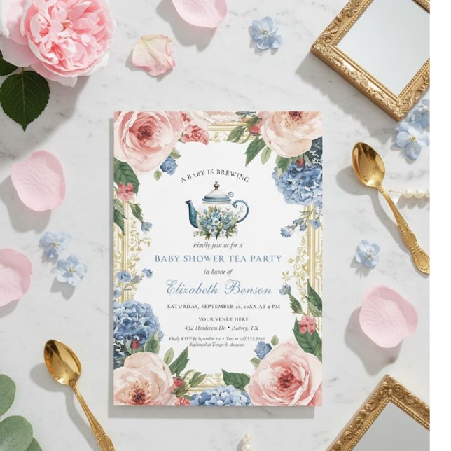 Convites Um Bebê Está Sendo Preparado Chuveiro Floral Azul (Criador carregado)