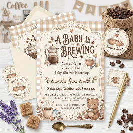 Convites Um Bebê Está Sendo Preparado Gingham Café Gênero N