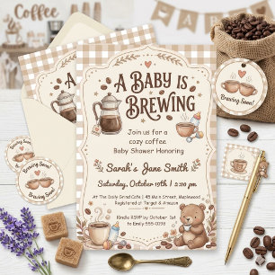 Convites Um Bebê Está Sendo Preparado Gingham Café Gênero N