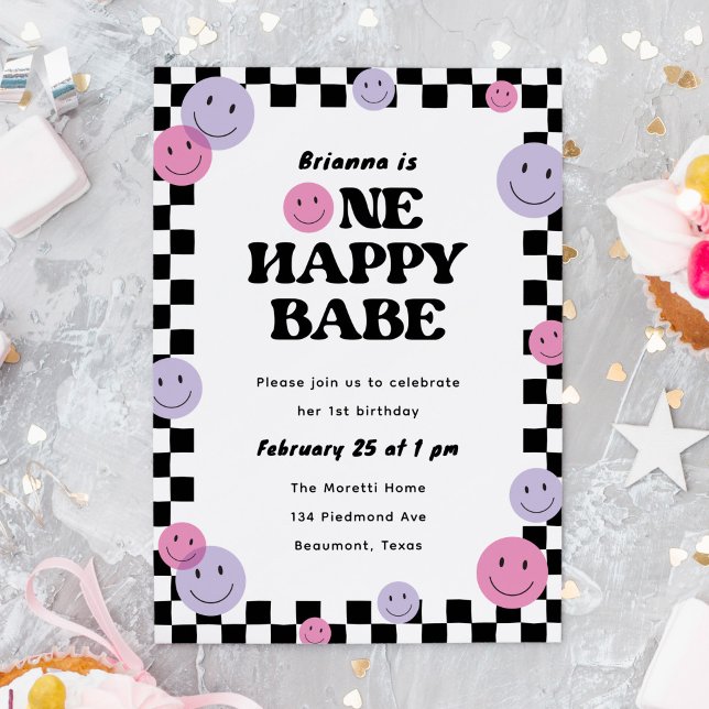 Convites Um Bebê Feliz Sorrindo Festa de primeiro aniversar ("One happy babe" pink 1st birthday party invitation with smiling faces)