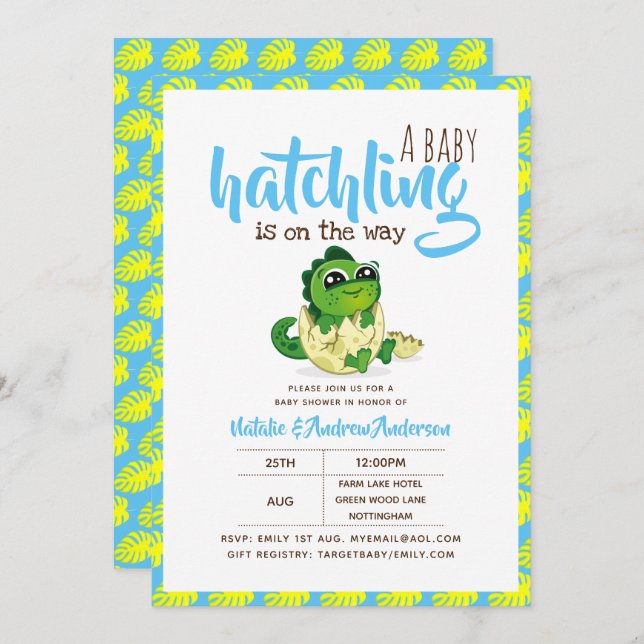 Convites Um Bebê Que Está No Caminho Dinossauro Azul (Frente/Verso)