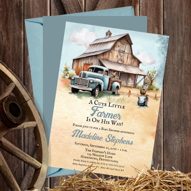 Convites Um belo celeiro | Chá de fraldas Truck Boy ("A Cute Little Farmer Is On His Way!" Boy Rustic Barn | Vintage Truck Baby Shower Invitation)