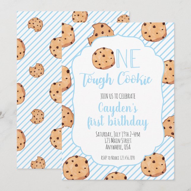 Convites Um Biscoito Duro Azul primeiro Aniversário (Frente/Verso)