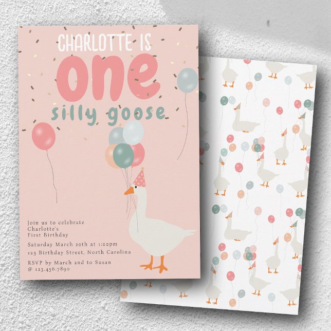 Convites Um Bobo de Festa de primeiro aniversario de Ganso  (Girl's One Silly Goose 1st Birthday Party Pink Invitation)