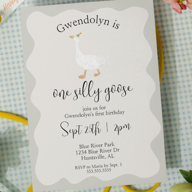 Convites Um Bobo ganha graça primeira Festa de aniversário (one silly goose fun whimsical first birthday party girl boy gender neutral cute watercolor invite)