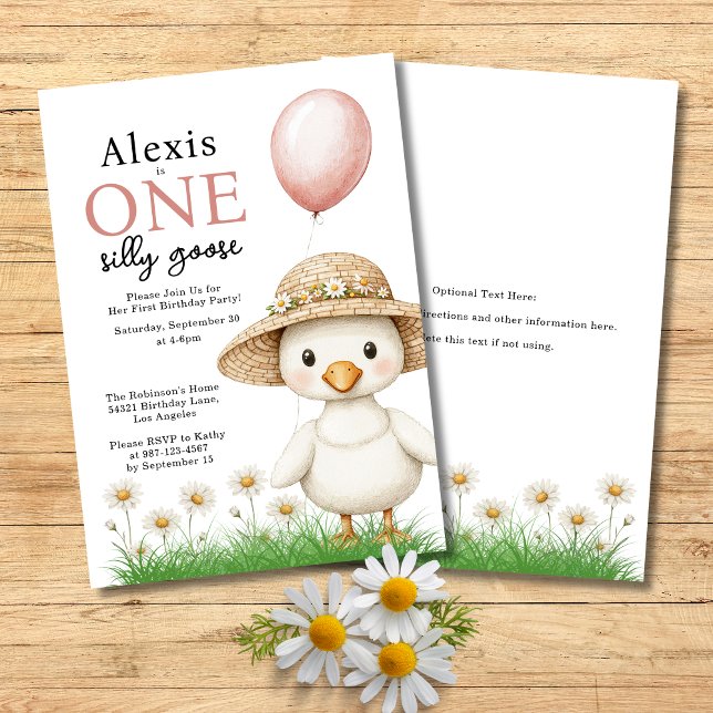 Convites Um Bobo Ganha Meninas Primeiro Aniversário (One Silly Goose Girls First Birthday Party Invitation with Baby Goose, Pink Balloon, Daisies.)