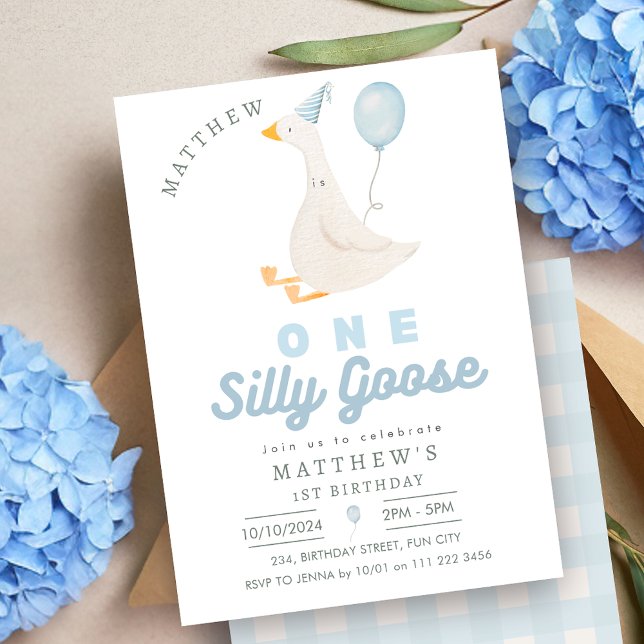 Convites Um Bobo ganso primeiro aniversario azul (One Silly Goose Blue Boy 1st Birthday Invitation)