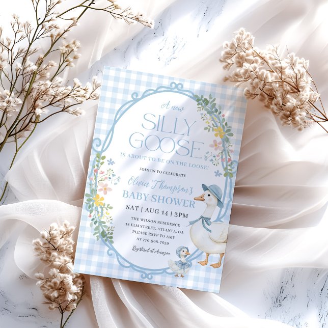 Convites Um Bobo Gingham Azul Chá de fraldas Ganso (Criador carregado)
