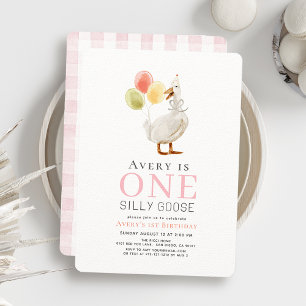Convites Um Bobo Gingham primeiro aniversario Rosa Gingham