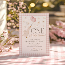 Convites Um Bobo Gingham Rosa primeiro aniversario Gingham 