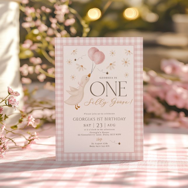 Convites Um Bobo Gingham Rosa primeiro aniversario Gingham  (Silly Goose 1st Birthday Pink Gingham Girls Invitation)