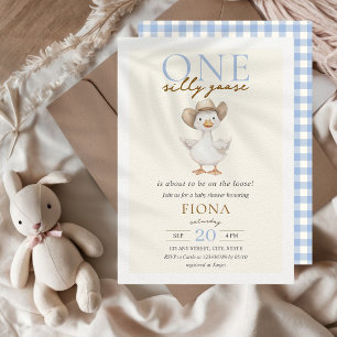 Convites Um Bobo Goose Blue Gingham Boy Chá de fraldas
