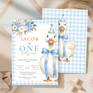 Convites Um Bobo Goose Blue Gingham Boy primeiro aniversari